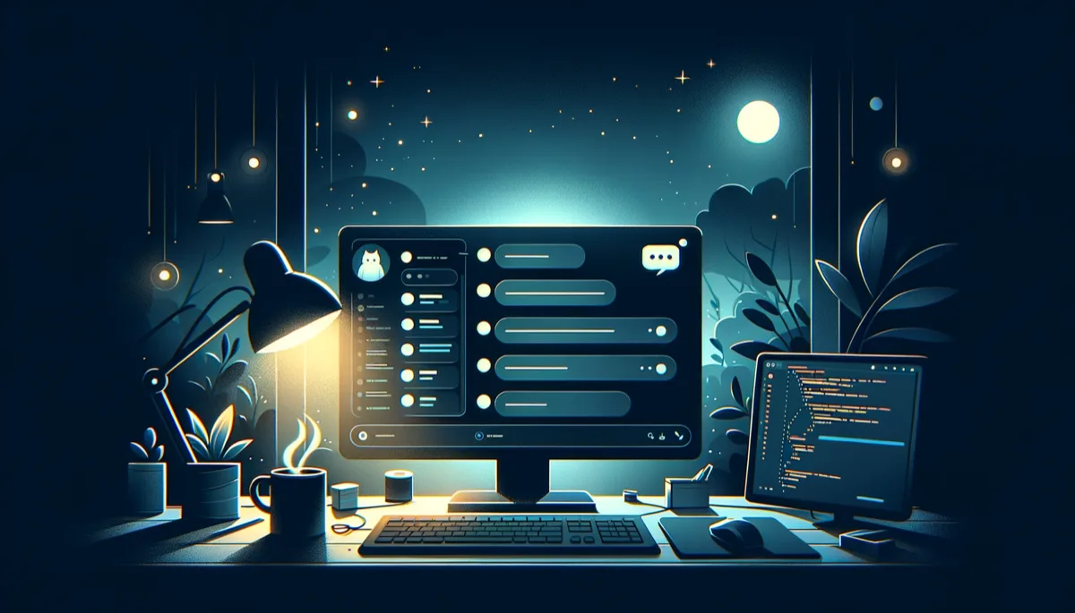 Developer workspace at night with chat interface on screen