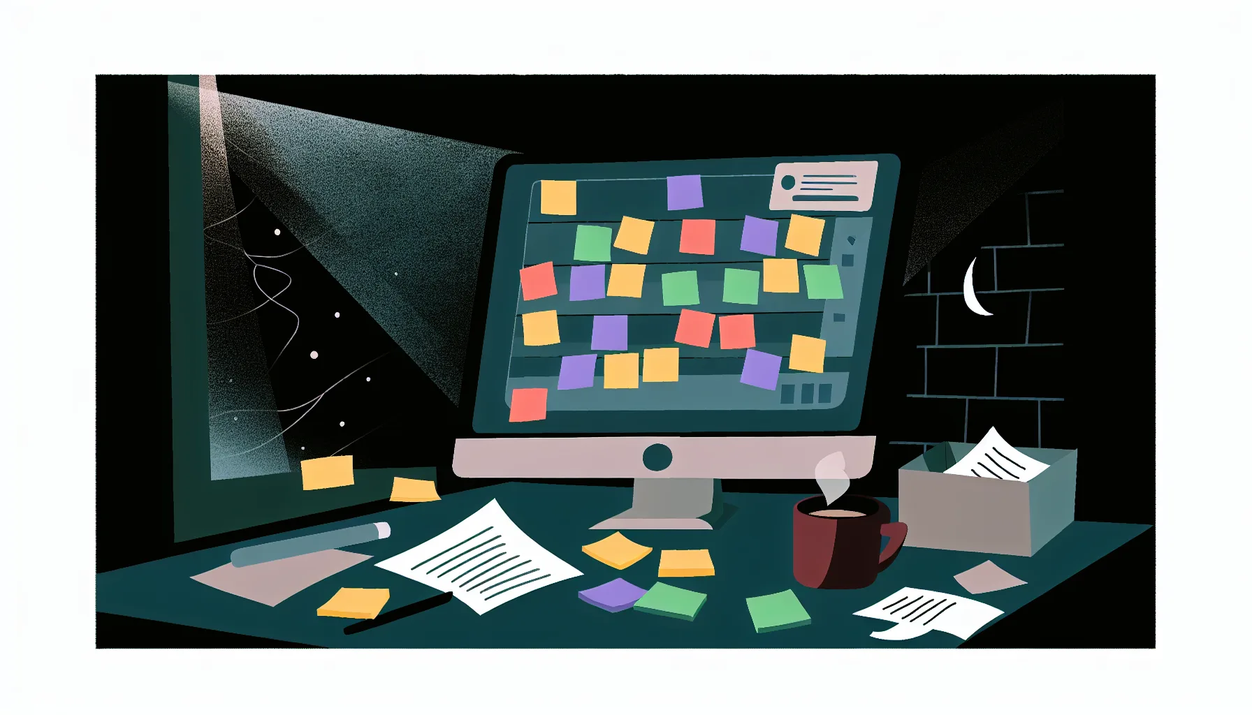 Ночной рабочий стол с kanban-доской на мониторе